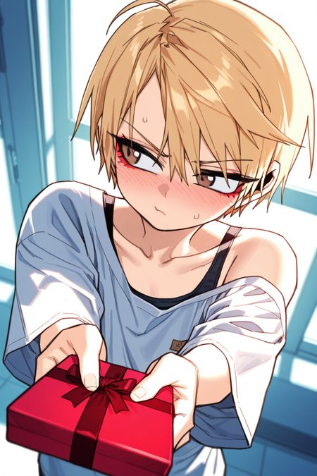 Score_9, score_8_up, score_7_up, masterpiece, best quality, newest, absurdres, highres,HongiLtak, 1boy, blonde hair, brown eyes, ahoge, short hair, eyeliner, dynamic angle,otoko no ko, yaoi, reaching out, holding,  valentine's day gift, looking away, blushing,  tsundere