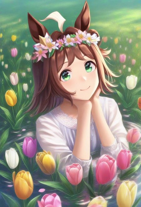 (umamusume, rhein_kraft_(umamusume), horse_ears, horse_girl, tail, 1girl, ahoge, animal_ears,)
casual, Tulip,Tulip flower, Tulip flower_field, 
head_wreath, looking_at_viewer,  solo, aesthetic, absurdres, symmetric , , g0ldsw0rthy,
(realistic, photo,  artistic, medium_hair, one_eye_closed, petals, relaxing, smile, spiralling vortex made of multicoloured tulips, lush foliage sunrise,  ripples, reflective, jaynl-tm, rainbow,green_eyes, hair_between_eyes, hair_ornament,  : 0.7)