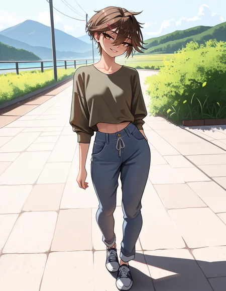 masterpiece, best quality, very aesthetic, absurdres,
outdoors, casual, 
full body, standing, posing, 
 seductive smile, parted lips, long eyelashes,
<lora:Sasha_v01_NAIXL:1>
S4sh4,1girl,solo,tomboy,short hair,brown hair,hairclip,hair between eyes,brown hair,bangs,