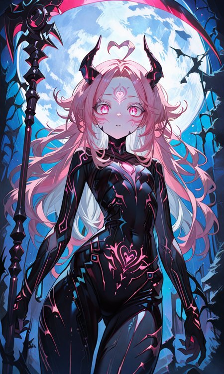 masterpiece,best quality,absurdres,very aesthetic,very awa,highres,newest,year 2024,year 2023,<lora:NLSTN-IL_1412568:1>,nlstn,glowing,dark,<lora:illustrious_quality_modifiers_masterpieces_v1_956369:0.7>,<lora:ponyv4_noob1_2_adamW-000017:0.7>,<lora:spo_sdxl_10ep_4k-data_lora_webui:0.6>,<lora:add-detail-xl:0.9>,<lora:KonyaKarasue-000008:0.4>,<lora:Isha_Illus_XL_1131795:0.6>,ishaILXL,heart ahoge,pink eyes,skinny,multicolored hair,white hair,pink hair,24 yo,24 year old girl,(white eyelashes:1.2),dynamic background,detailed,womb tattoo,dynamic_angle,flat chest,looking at viewer,facial mark,
masterpiece,best_quality,amazing_quality,very_aesthetic,absurdres,newest,1girl,bodysuit,breasts,cowboy shot,horns,long hair,looking at viewer,moon,solo,weapon,giant weapon,Scythe,dynamic angle,dynamic posing,