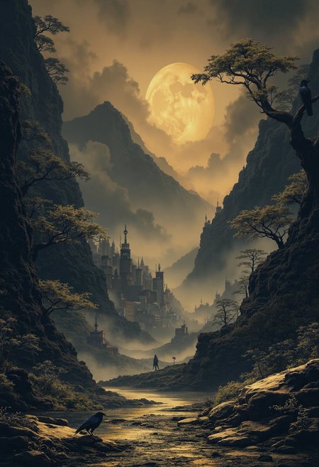 bo-golden, a serene and mystical scene, a lone raven sits on a bare tree branch in the foreground, positioned directly in the center of the frame, facing the viewer, the raven's dark blue body stands out against the backdrop of a dramatic sunset sky filled with swirling clouds and a full moon, in the background, a distant mountain range is shrouded in mist and mist, with distant buildings visible in the distance, to the right of the raven, a barren landscape stretches out, complete with sparse trees and rocky terrain, the overall atmosphere is one of solitude and mystery, inviting the viewer to step into the mystical world of the scene<lora:boFLUX Golden Noir Abyss.safetensors:1.0:1.0>