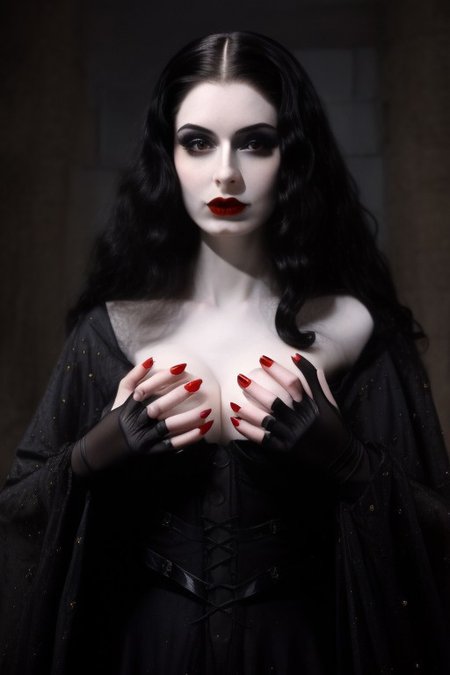 (Belgian) witch woman, 23 years old, (beautiful:1.75), (very pale skin:1.35), (gothic makeup:0.99), (Red Lipstick:1), (black hair), (anime:0.35), (oval face:0.25), (Halloween), (night), (front view:1.25), (elegant), 10 minutes before the world will end, (back light),  hyper-realistic, (ultra-detailed:1), (insanely detailed:1), 4k, realistic 8k, shot on portra 400, (((masterpiece))), (perfect composition:1.55), (best quality), (HD), (Leonardo Da Vinci:0.10), ((Transylvanian Castle)), Perfect hand, Hand, Detailed hand