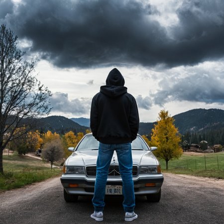 <lora:add-detail-xl:1>
<lora:detailed:0.3>
<lora:perfection style:0.3>
<lora:xl_more_art-full_v1:0.3>
 <lora:Donnie Darko film style:1>
a man standing in front of a car looking at a hdr cloud in sky,solo,black hair,1boy,sitting,male focus,outdoors,sky,cloud,hood,bag,from behind,tree,hoodie,hood down,cloudy sky,nature,scenery,mountain,landscape , cinematic, film, Donnie Darko film style