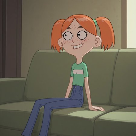 masterpiece, best quality, becky_h, 1girl, orange hair, twintails, freckles, shirt, pants,, sitting, sofa, smile, teeth, natural lighting