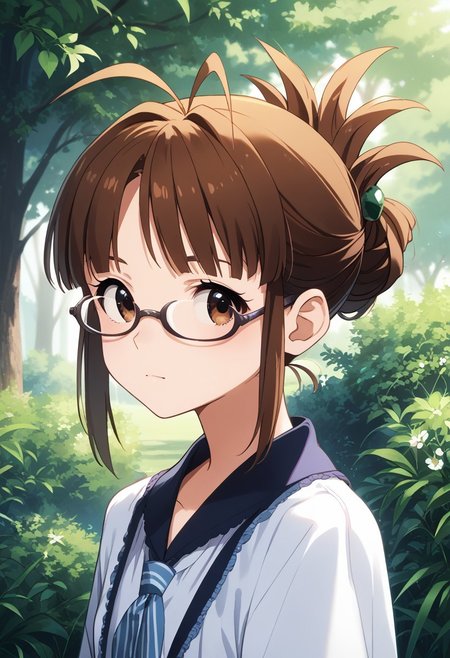 score_9,score_8_up,score_7_up,best quality, 4k, rating_safe, very aesthetic, source_anime,,akizuki ritsuko,antenna hair,folded ponytail,glasses,brown eyes,short hair,
