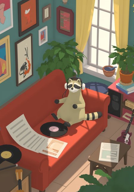overhead perspective g00se art with smooth textureless style with muted pastel palette of, a whimsical raccoon wearing oversized headphones, lounging on a couch in a cluttered living room filled with vintage records and eclectic art, itâs surrounded by musical instruments and scattered sheet music, tapping its paws to an unheard beat, the walls adorned with colorful posters, sunlight streaming in through a window, illuminating the dust motes dancing in the air<lora:g00se.safetensors:1.1:1.1>