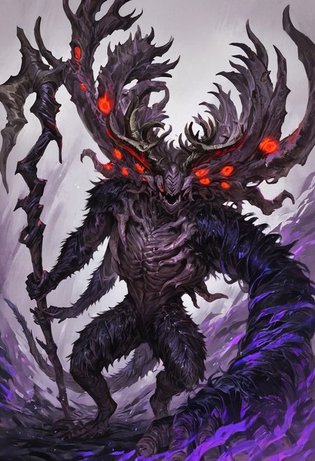 (score_9, score_8_up, score_7_up, score_6_up, score_5_up, score_4_up), high quality, detailed, high resolution,   Manus_Dark Souls, monster, demon, black fur, red eyes, glowing eyes, multiples eyes, horns, antlers, spikes, massive left arm, tail, staff, BREAK, dark background, purple mist, purple glow,