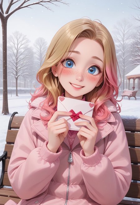 score_9, score_8_up, score_8, semi realistic, perfect detailed face, detailed fingers, perfect face, detailed eyes.
 ((1girl)), slim, small breasts, long hair, blonde hair dyed brown, pink ombre, pink inner hair, multicolored hair, blue eyes, freckles, dark makeup, 
holding a love letter, gift, valentine, reading a love letter, openning a love letter,
pink winter coat, zipped pink coat,
blush, shy smile, shy,
park at winter, park bench, snowing,
upper body shot,