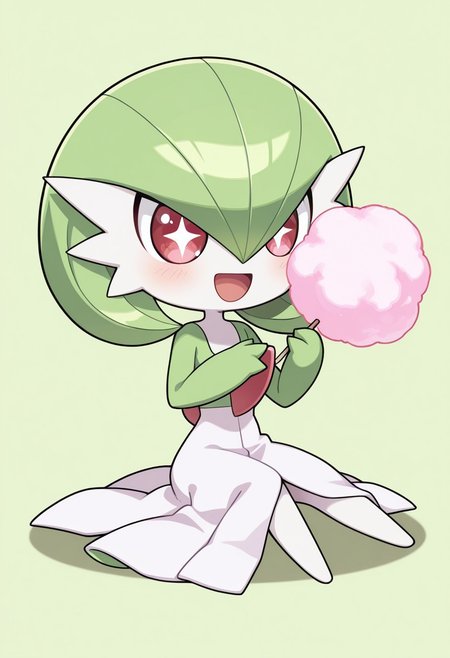 masterpiece, best quality, absurdres, amazing quality, detailed face, detailed skin, detailed eyes, high resolution, official style,  
1girl, ((chibi:1.1)), ((anime chibi style:1.1)), gardevoir \(pokemon\), 
solo, sitting on floor, full body, smile, open mouth, excited, cute, happy girl, cotton candy, holding cotton candy, eyes wide open, sparkling eyes, 
simple light green background, 
((no text:1.1)), ((no signature:1.1)),
