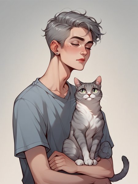 score_9, score_8_up, score_7_up, score_6_up, score_5_up,  <lora:p3tl0v3XLP:1> p3tl0v3, 1boy, cat,  <lora:c4tsXLP:0.3> c4ts, grey tabby