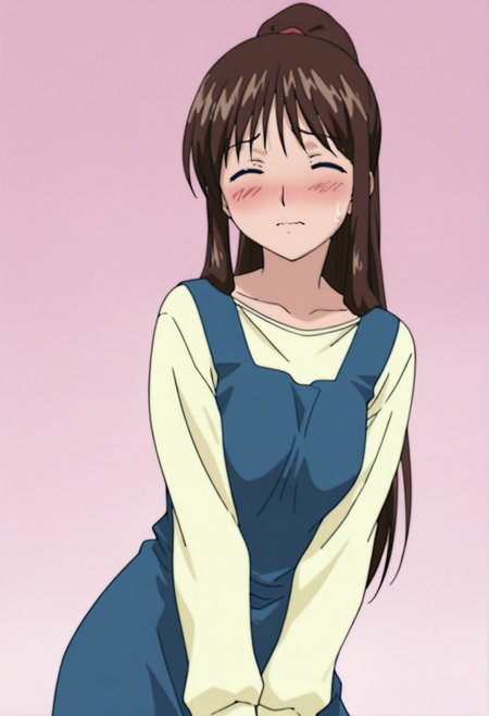 masterpiece, best quality, amazing quality, anime coloring, anime screencap, solo, 1girl,    <lora:DX888KonohaIL:1> edajima konoha, long hair, high ponytail,  brown hair, ^ ^, blush, embarrassed, wavy mouth,  pinafore dress,  BREAK  simple background,  pink background pastel background, BREAK contrapposto