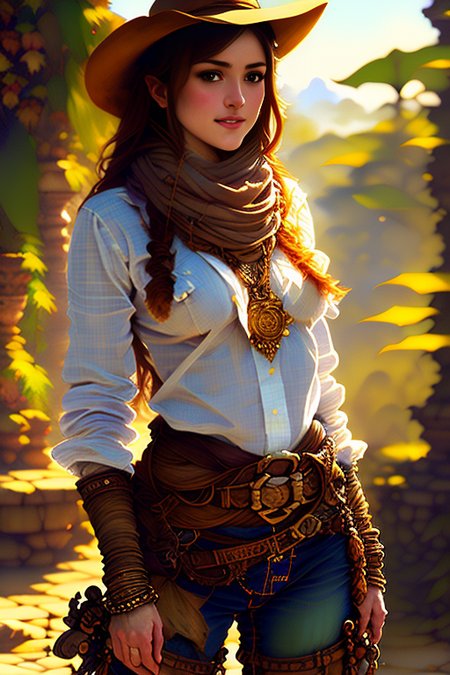 close up of a beautiful ((adventurer)) (((archeologist))) wearing jeans and a  checked buttoned shirt with a scarf and a stetson hat in a (( oasis )), sensual, evocative pose, intricate, highly detailed, art by onche_ondulay