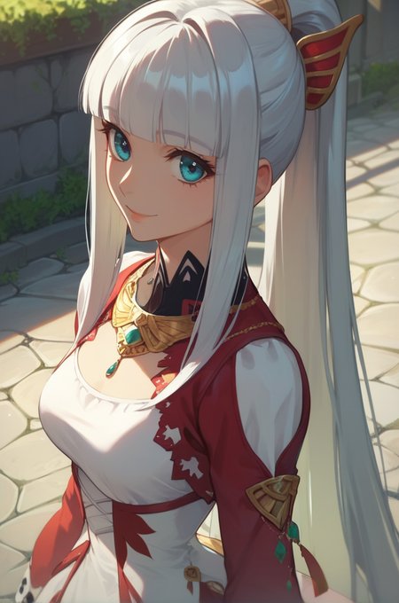 score_9, score_8_up, score_7_up, very aesthetic, source_anime, masterpiece, detailed, high quality, detailed, beautiful, 
medium breasts,  
cowboy shot, close up, outdoor, close up, dynamic angle, upper body, light smile, village,
<lora:lailah_autismConfetti_v01:0.95>
lailah \(tales\),  silver hair, very long hair, blunt bangs, sidelocks, ponytail, blue eyes, dress, leg ribbon,  red high heels, long sleeves,, zPDXL