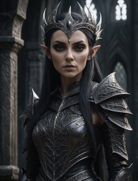 A dark elven queen in intricate armor, gothic medieval design, realistic textures, ultra-high definition, photorealistic, highly detailed, dramatic lighting, sharp focus, cinematic, hyperrealism, dark and mysterious atmosphere
