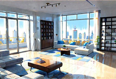 ((front view)), (Close-Up View), (Rule of Thirds), ((animation style)), modern-style interior, white walls, ((large windows)), wooden floor, a  study, Sofa, coffee table, bookcase, single wall, 
warm light morning sun, (((City high-rise building scenery))), (((clear sky)))