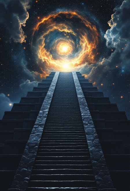 A Mayan pyramid in Yucatan, stairs ascending to the cosmos.