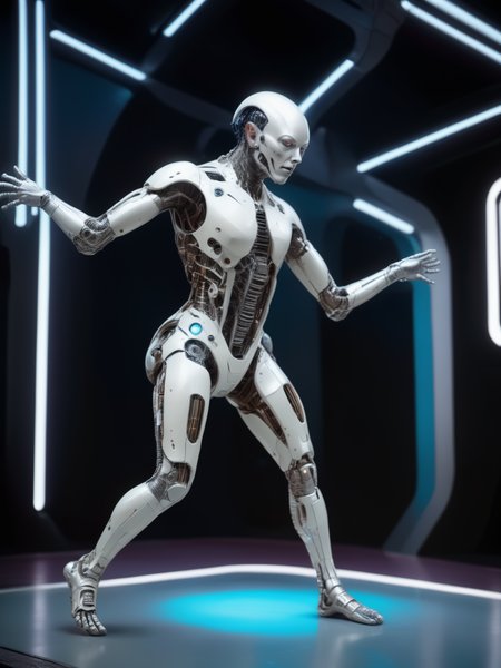 bbuk_style <lora:PureDarkness_RetroSciFi-000060:0.9> a person with mechanical limbs dancing on a stage