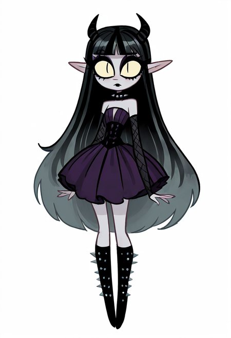 (masterpiece, best quality, good quality, very aesthetic, absurdres, newest:1.2),    1girl, solo, eyelashes, (beautiful eyes),   1girl, solo, long hair, black hair, purple and black hair, looking at viewer, horns, pointy ears, bangs, blunt bangs, slit pupils, yellow sclera, grey skin, makeup, eyeshadow, black lips, purple dress, black boots, knee boots, spikes, spiked collar, gothic, standing, full body, simple background, white background   ,      <lora:VampieNAI:1.0>,