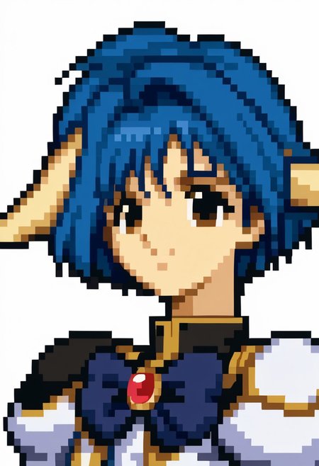 score_9, score_8_up, score_7_up, source_anime, 1girl, solo, smile,
<lora:zs_FE4PortraitsXL:1> fe4portraits, portrait, pixel art, white background
ga_mint, (1990s\(style)\:0.3), short, petite, kawaii, cowboy shot, upper body, military uniform, blue bowtie, brooch,  blue hair, extra ears, animal ears, short hair, bangs, brown eyes
