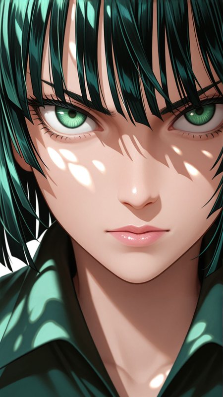 1girl, fubuki \(one-punch man\), portrait, <lora:add-detail-xl:1>
masterpiece,best quality, absurdres, 
close-up, green hair, choppy bangs, short hair, green eyes, detailed eyes, intense gaze, serious expression, pink lips, green dress, dappled sunlight, subtle shading , shadows, looking at viewer, facing viewer, front view