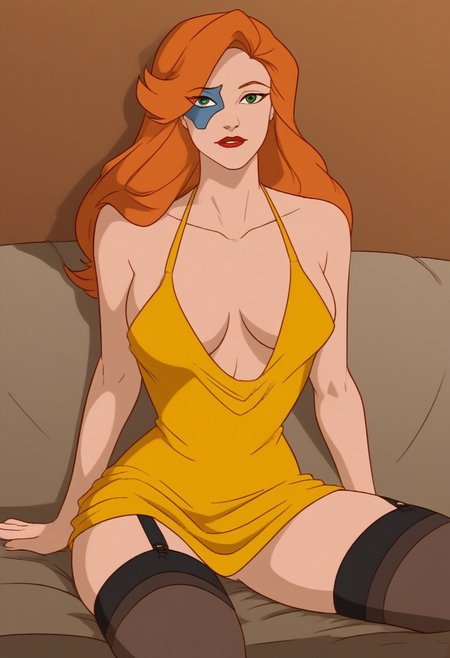 1 girl, solo, beautiful, Fox Xanatos (Gargoyles),  eye mask, facial tattoo, green eyes, long hair, orange hair, makeup, middle breast,  yellow dress, cowl neck, plunging neckline, cleavage, mini dress, collarbone, bare shoulders, halter dress, backless dress, jewelry, black stockings, garters for stockings, translucent black underpants, sitting on the couch with her legs spread, in the living room, in the evening,