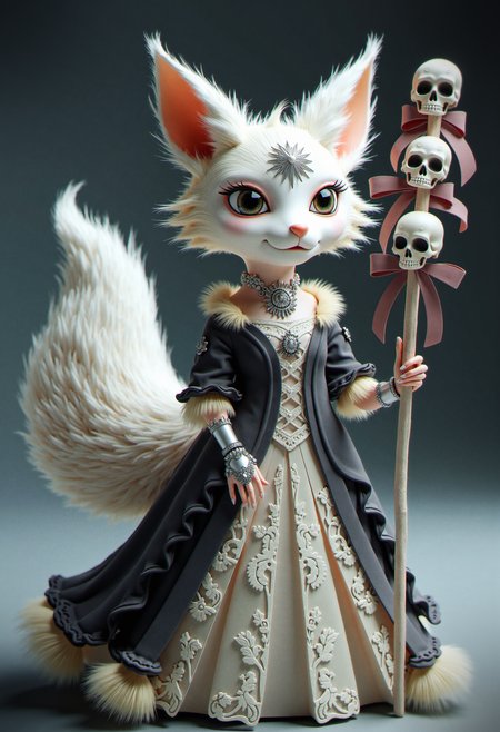 High-detail 3D character: an elegant, anthropomorphic fox  with flowing, snow-white fur, adorned in intricate, gothic-inspired attire. The fox’s large, expressive eyes are framed by delicate, silver jewelry, and she holds a staff topped with skulls and ribbons. The meticulously crafted details of her clothing, including lace, bows, and pearls, are highlighted by the soft, diffused lighting that accentuates the texture and depth of the fabric. The background is a smooth gradient of dark to light gray, bringing the focus entirely onto the intricately detailed figure, giving it a regal, mystical presence.