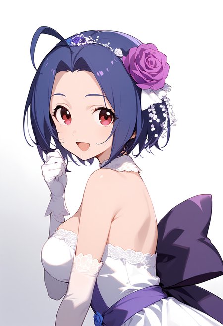 1girl,
miura azusa,


solo, ahoge, flower, blue hair, smile, white background, from side, hair flower, dress, purple flower, looking at viewer, white gloves, hair ornament, :d, hand up, back bow, purple rose, looking to the side, elbow gloves, large breasts, bare shoulders, open mouth, white flower, breasts, strapless, gloves, bow, simple background, rose, white dress, strapless dress, short hair,

sfw
<lora:a31_char_new_miura_azusa-000006:1> <lora:a31_style_koni-000010:0.8>