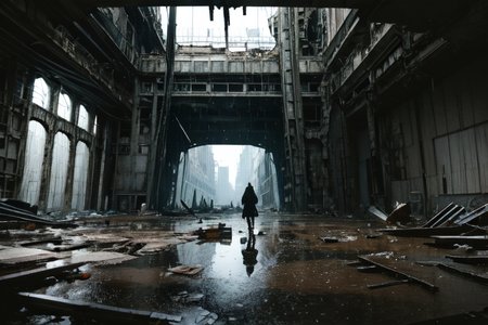 highly insanely detailed, masterpiece, top quality, best quality, highres, 4k, 8k, RAW photo, (very aesthetic, beautiful and aesthetic),  
tsutomu nihei,nihei_tsutomu,blame!,blame gakuen!,abara,TNstyle,sidonia_no_kishi,(giant room,hangar,city ruins,tunnel),decrepit,blm,open space,no human,dark background,empty,flock,vast scenery,perspective, 
<lora:blameLora_v10:0.5>, 
(1girl:1.3), 
solo focus, 
natural disaster,scenery,water,truss,Flood_Debris,Typhoon,reflection,Waterlogged,rust,cloudy,Sea of clouds,dark clouds,((raining)),rain,reflection,wet street,wet clothes,day,medieval,âââ