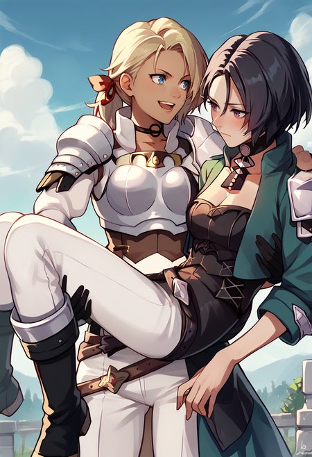 score_9, score_8_up, score_7_up, source_anime, multiple girls, outdoors, sky, cloud, princess carry, BREAK
1girl, closed mouth, blush, <lora:shamir-pdxl-nvwls-v1:1> defShamir, black hair, short hair, choker, green jacket, cropped jacket, single shoulder pad, bodice, cleavage, black pants