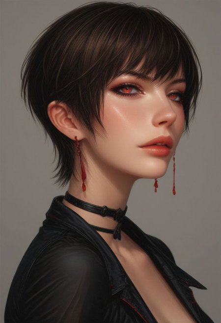 ,1girl ,source_anime, vicekfs,vice_(kof) , perfect breasts, brown hair ,very short hair , earrings, choker   , long black sleeves , loose sleeves, vestthigh strap, long dress,shorts, pantyhose, ankle boots ,  good anatomy,short hair,beautiful eyes, red eyes,black eyeshadow,  ,     ,perfect hands , posing like a model,in a professional photo session,sexy,  ,, in a stunning city ,at night,  posing sexy,solo  , perfect beautiful face, anime style, ,