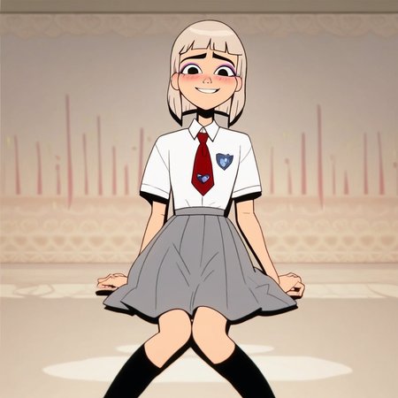 score_9, score_8_up, score_7_up, source_cartoon, perfect lighting, very aesthetic, intricate details, highly detailed background, high quality, prefect hands, best quality,s,, jentry chau, jentry chau vs the underworld, platinum blonde hair, medium hair, black eyes, pink eye shadow school uniform, white shirt, red tie, grey skirt, indoors, school, looking at viewer, smile, embarassed, blush, black socks, detailed background