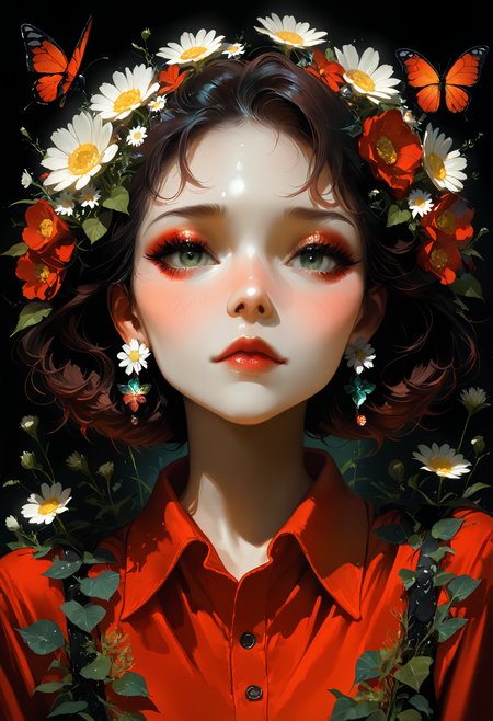 masterpiece, best quality, good quality, very awa, very aesthetic, absurdres, newest, 1girl, solo, looking_at_viewer, blush, shirt, brown_hair, hair_ornament, closed_mouth, jewelry, brown_eyes, green_eyes, flower, earrings, collared_shirt, hair_flower, eyelashes, lips, makeup, leaf, white_flower, black_background, portrait, bug, red_shirt, lipstick, butterfly, eyeshadow, nose, realistic, red_lips, flower_earrings, daisy