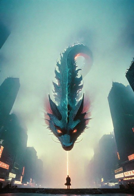 Low Angle Shot, eastern dragon by franco fontana, Blade Runner Style, Capture the awe-inspiring sight of a colossal, mystical Chinese eastern dragon weaving through a labyrinth of a dystopian mega city skyline, its luminous, semi-transparent form illuminated against the night sky. 
atmospheric haze, Film grain, cinematic film still, shallow depth of field, highly detailed, high budget, cinemascope, moody, epic, OverallDetail, gorgeous, 2000s vintage RAW photo, photorealistic, candid camera, color graded cinematic, eye catchlights, atmospheric lighting, skin pores, imperfections, natural, shallow dof