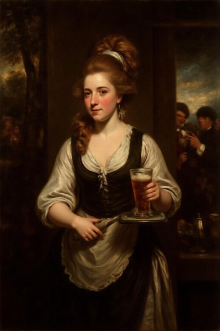 jore1 painting. 
 The air buzzes with the energy of a busy 18th century tavern, a mix of music, conversation, and the clinking of glasses. A serving wench, the embodiment of youthful vibrancy, navigates the lively scene. She wears an apron and a kerchief, the soft fabric contrasting with the smooth, cold glass of tea she carries on a small tablet.
 <lora:jore1_cap_d6a3e12:1.0><lora:818412641375488530:0>