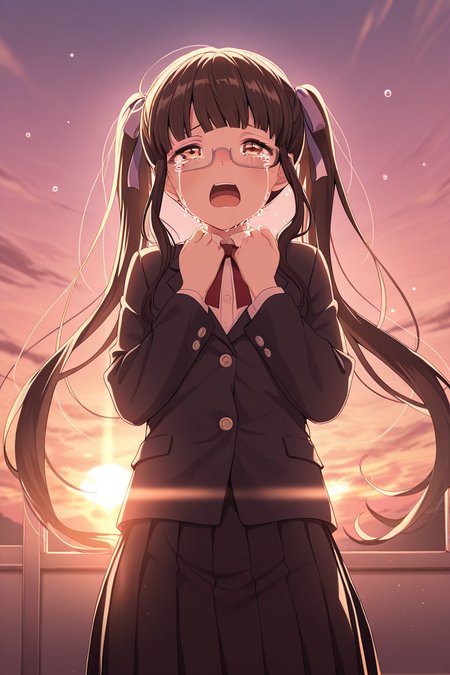 masterpiece, best quality, amazing quality,
 <lora:PAREO_IL:1> pareo, 1girl, glasses, solo, crying, long hair, skirt, twintails, tears, school uniform, jacket, open mouth, pleated skirt, crying with eyes open, ribbon, sky, sunset, black skirt, reona