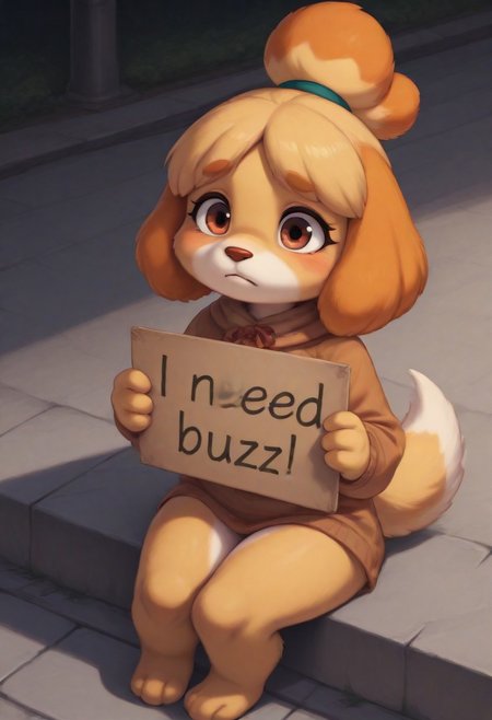 masterpiece,best quality,amazing quality,very aesthetic,high resolution,ultra-detailed,detailed background,absurdres,newest, high quality,
homeless sitting on sidewalk sad
Isabelle_\(Animal Crossing\) 
Yellow-White Fur,Orange Floppy Ears,hair is tied up with a ribbon that has a bell on top,White Tipped Tail 
need_buzz, holding sign saying "I need buzz"