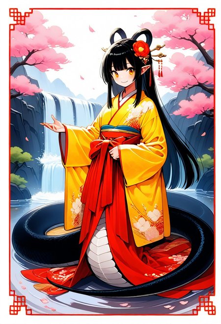 masterpiece, ultra-detailed, best quality, 8K, illustration, absolutely eye-catching, 1girl, solo, sn4ke, snake girl, lamia, cute girl, BREAK cute, teenage, pointed ears, smile, highly detailed beautiful face and eyes, long hair, hair ornament, kimono, snake tail, kawaii, happy, joyfull, cute expression, coiled snake body, A big mountain with a waterfall and a beautiful sakura tree in the background, pink petals floating around, detailed, sinoink, chinese ink style, flat colors, pastel colors