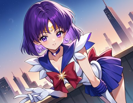 score_9, score_8_up, score_7_up, source_anime,
sailorsaturn, <lora:sailor-saturn-ponyxl-lora-nochekaiser:1>
sailor saturn, purple eyes, short hair, purple hair, circlet,
brooch, choker, earrings, gloves, jewelry, magical girl, miniskirt, purple sailor collar, sailor collar, sailor senshi uniform, skirt, star choker, white gloves,
outdoors, cityscape, bent over,
looking at viewer, cowboy shot, dutch angle,