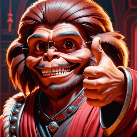 DonMSt0pS1gnXL indian red, wookiee, thumbs up ,hyperrealism,  piercing, bump mapping, anvilnext engine, minimalist, airbrushing, romantic art,   astounding tour de force, hd, imaginative, climax <lora:DonMSt0pS1gnXL-000006:0.75>