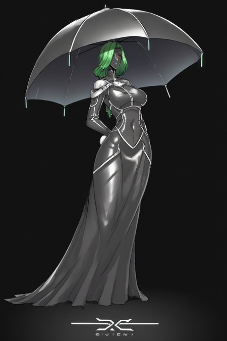 score_9, score_8_up, score_7_up, score_6_up, score_5_up, score_4_up, BREAK, source_anime, solo, 1girl, rating_safe, ((mature female)), ((long green flowing hair)), mechanical parts, ((plastic, polymer, metal body)), (big mechanical rabbit ears), mature female, (bunny ears), (animal ears), subdermal port, ((milf, mature female, big breasts)), hexagon lines in skin, naval uniform overcoat, naval uniform, white military uniform, dress_uniform, ribbons, ((red eyes)), bunny tail, rabbit tail, aiguillette, ((green hair)), ascot, ((Low angle (from the side) view medium Close shot (focus on chest), Standing and pretending to be stuck in a rainstorm without an umbrella )), pilot suit, shoulder cutout, bunny rabbit Tail, ((hair over one eye, )), digitigrade, clawed feet, minimal clothes, ((metal skin, shiny skin, vampire aesthetic, digital eyes, filled eyes, monochromatic eyes, glowing eyes, colored sclera, red sclera, mechanical eyes, partially shaded face, slit pupils, angular, minimal face, minimalism, narrow eyes, large eyes)), (anubis \(mythology\), anubis \(mythology\), ), <lora:Pony_DetailV2.0:1.5>, <lora:age_slider_v4:4>, ((dark, shaded, black background, horror, GREEN HAIR,)) <lora:ECHANIS:0.7>,    <lora:Latex_Dungeon_ZXC_Style_Pony_-_Snoodler:1> ldzxc_style