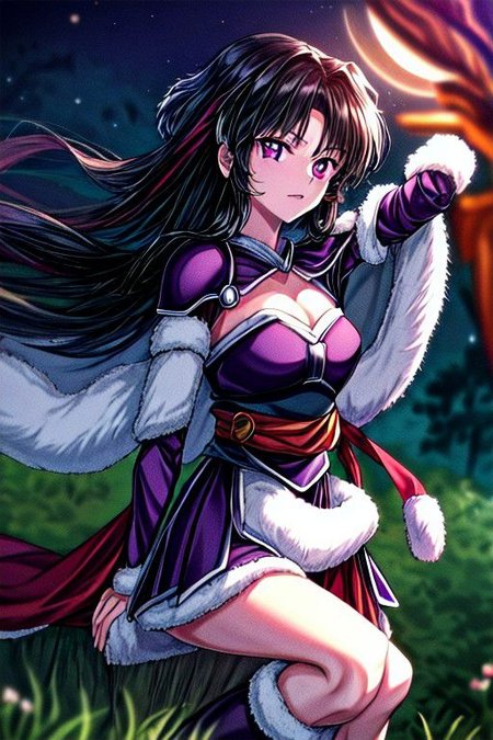 masterpiece,  best quality 1girl Setsun4 solo long hair,  (night time) forest background black hair very long hair purple eyes multicolored hair armor (fur trim) (medium body),<lora:EMS-179-EMS:0.800000>,<lora:EMS-293862-EMS:0.800000> cleavage, bracers, cape, fur boots