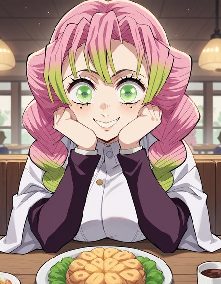 score_9, score_8_up, score_7_up, source_anime, <lora:mitsuri-kanroji-anime-ponyxl-lora-nochekaiser:1>, mitsuri kanroji, braid, gradient hair, green eyes, green hair, long hair, mole, mole under eye, multicolored hair, pink hair, twin braids, two-tone hair, large breasts, <lora:pov-across-table-ponyxl-lora-nochekaiser:1> pov across table, pov dating, restaurant, table, meal, care, cup, head rest, smile, elbow on table, food, elbow rest, ,