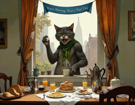 <lora:bear:1>, This image is a digital painting depicting a whimsical, surreal breakfast scene. The central figure is a large, anthropomorphic gray cat with a playful, mischievous expression, standing menacingly on the windowsill. The cat has a green scarf around its neck and is holding a coffee mug in its left paw. Its right paw is extended towards the table, as if reaching for something., 
The table, positioned in front of the window, is cluttered with breakfast items. On the left side, there are two loaves of bread, a coffee pot, and a teapot. In the middle, a stack of pancakes with syrup and a plate of scrambled eggs are arranged neatly. On the right side, there are two orange juices, one in a glass and the other in a mug. A white cloth is draped over the table, and a blue banner with the text "Good Morning, Have a Nice Day" hangs above the window., 
The background reveals a foggy, misty morning scene with a city skyline visible through the window. The colors are warm and inviting, with a mix of browns, greens, and oranges dominating the scene. The style of the painting is vibrant and expressive, with a touch of fantasy and whimsy.