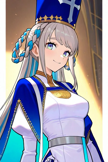 masterpiece, High quality, Ultra detailed, 2d, newest, absurdres, highres, BREAK
1girl, solo, mitre, <lora:johanna_epoch_10:0.8>,johanna_(fate), very long hair, grey hair, twin braids, braided hair rings, two-tone hair, blue eyes, smile, 
medium breasts, johannaDef, blue headwear, cross \(symbol\), long sleeves, juliet sleeves, asymmetry dress frill, long dress, white dress, blue cape, 
looking at viewer, upper body,