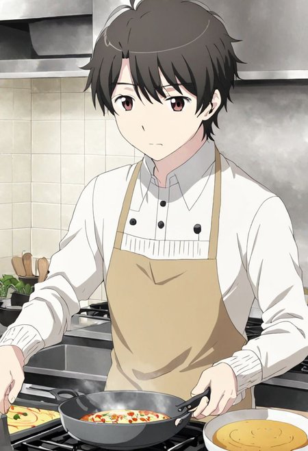 high resolution, solo, best quality, 1Boy, Inaho Kaizuka, Black Hair, Brown Eyes, cooking, kitchen, OverallDetail