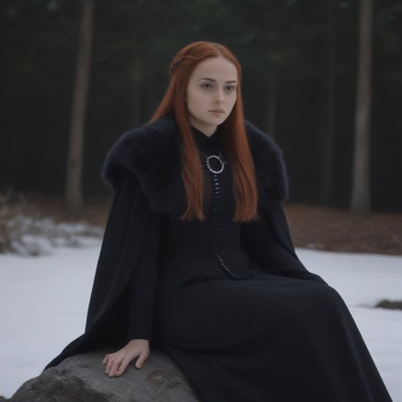 masterpiece, best quality, SansaStark, 1girl, solo, long hair, red hair, blue eyes, black dress, fur trim, cape, sitting on rock, forest, <lora:SansaStark_illustrious_Leaf2:1>, snow, outdoors,
