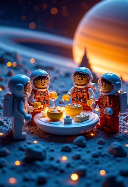 LEGO astronauts host a intergalactic tea party on the rings of Saturn, serving moon cheese and comet cocktails.
aidmamj6.1, aidmafluxpro1.1