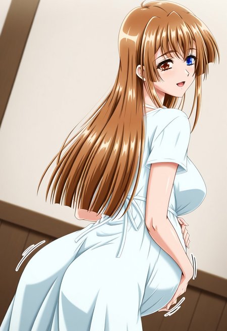 masterpiece, best quality, newest, highres, uncensored, 1girl, yokota mamoru style,motion lines,1girl,Katakura Eimi,Brown Hair, Long Hair, Sidehair, Spiky Bangs, Straight Hair,Brown Eyes, Tareme Eyes, Slim, Young-adult,pregnant, solo, long hair, blue eyes, smile, green eyes, looking back, hands on own stomach, dress, open mouth, heterochromia, hand on own stomach, dutch angle