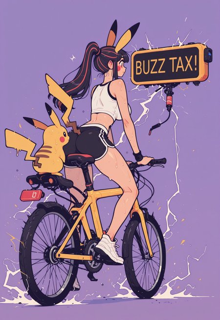 score_9, score_8_up, score_7_up, masterpiece, best quality, very aesthetic, 1woman, incoth, (incase:0.6), detailed face, (dynamic:1), pikachu girl, pikachu ears, pikachu tail, trainer outfit, crop top, dolphin-shorts, riding bike, riding generator, huge battery display, electricity, energy, lightning, sweating, Flatline, Flat vector illustration, close up, skincolor, human, red cheeks, black hair, long hair, striped hair, high ponytail, mature, 