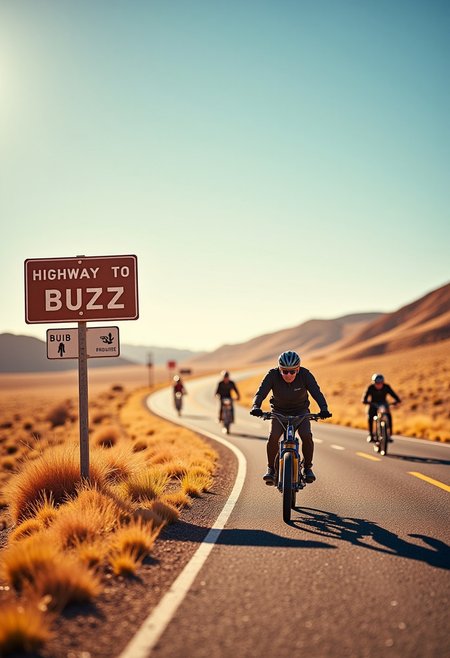 Route, desert, sign near the road with text “Highway to Buzz”, bikers riding away to the horizon, photorealistic